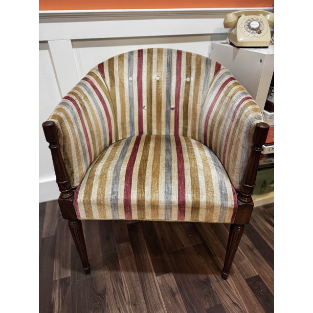 Vintage Velvet Striped Barrel-Back Accent Chair For Sale - Image 10 of 12