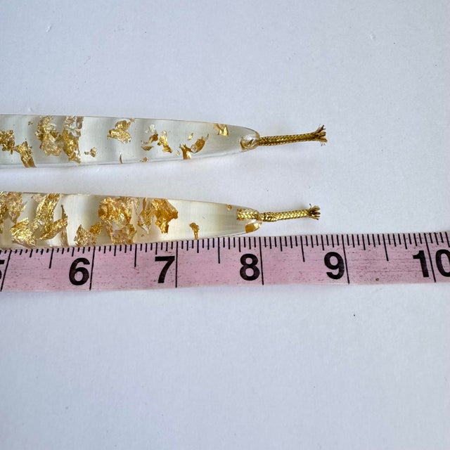 Plastic Vintage Taper Candles Clear Lucite Acrylic Floating Gold Leaf Fleck Candlesticks MCM a Pair For Sale - Image 7 of 8