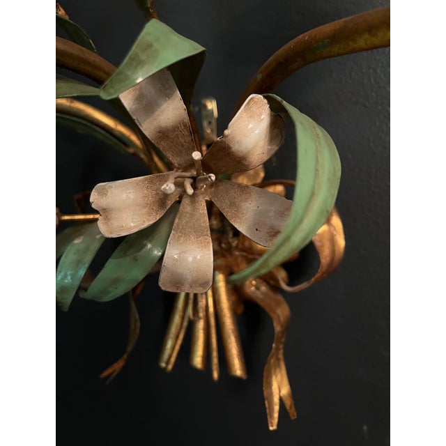 Metal Italian Tole Floral Gilt Sconces - A Pair For Sale - Image 7 of 9