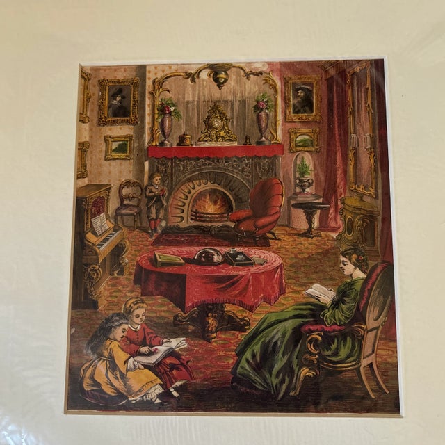 Pair of original antique chromolithograph prints from 1870 depicting a Victorian era. One is a formal dining room setting...