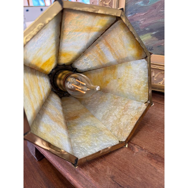 Antique Arts and Crafts Brass and Slag Stained Glass Lamp c.1910 by Salo Metal Arts Company For Sale - Image 10 of 11