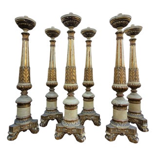 Large Lacquered and Gilded Wooden Candlesticks, Early 19th Century, Set of 6 For Sale
