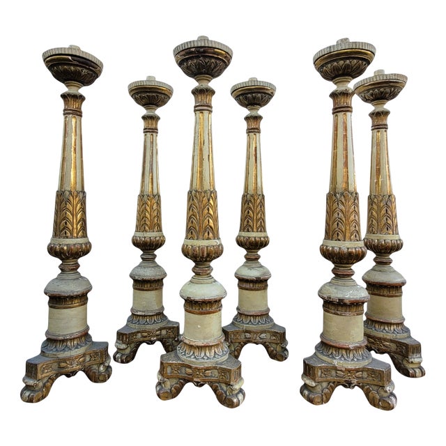 Large Lacquered and Gilded Wooden Candlesticks, Early 19th Century, Set of 6 For Sale