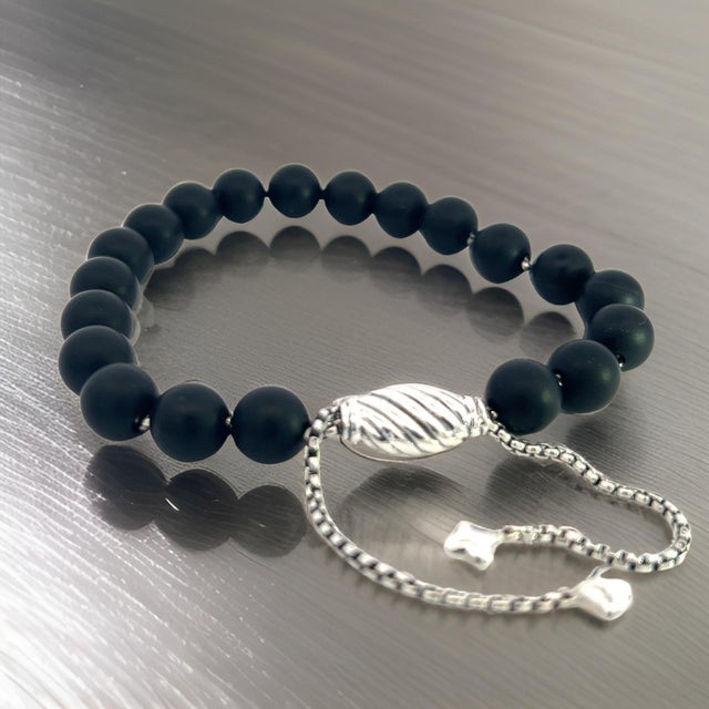 1990s David Yurman Authentic Estate Matte Onyx Beads Bracelet 6.6 - 8.5" Silver 8 mm For Sale - Image 11 of 11