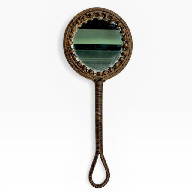 Vintage French Wicker Wrapped Hand Mirror With Decorative Beaded Frame For Sale - Image 13 of 13
