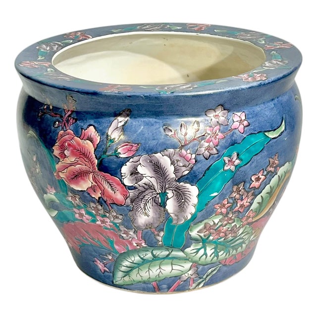 Vintage Chinese Floral Fish Bowl Cachepot in Purple and Pink For Sale