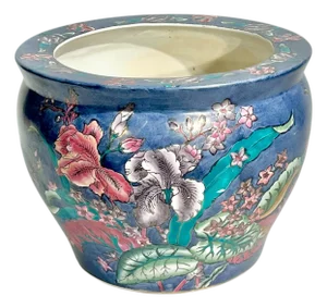 Vintage Chinese Floral Fish Bowl Cachepot in Purple and Pink