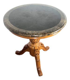 Late 20th Century Traditional Round Marble Top Pedestal Accent Table | Carved Wood Base | 30” Diameter