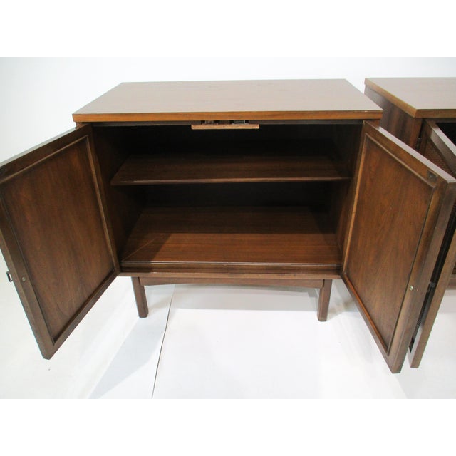 Wood Walnut Caned Nightstand Chests in the Style of Widdicomb For Sale - Image 7 of 12