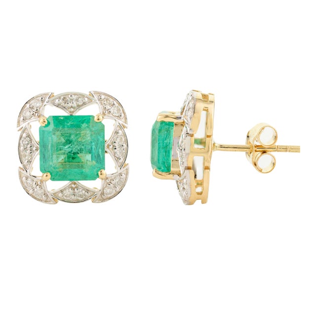3.18 Ct Emerald & Diamond Statement Stud - a Pair For Sale
