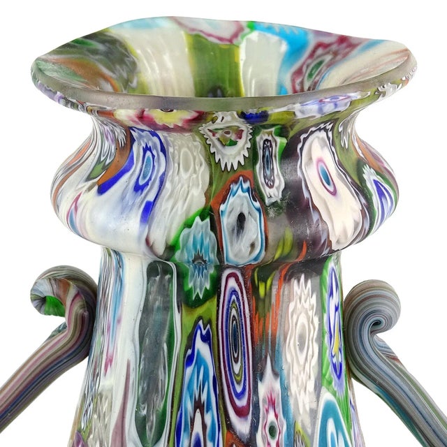 Early 20th Century Antique Fratelli Toso Murano Millefiori Flower Mosaic Italian Art Glass Large Double Handles Vase For Sale - Image 5 of 9
