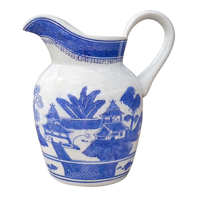 Vintage Chinese Blue & White Canton Style Porcelain Pitcher For Sale