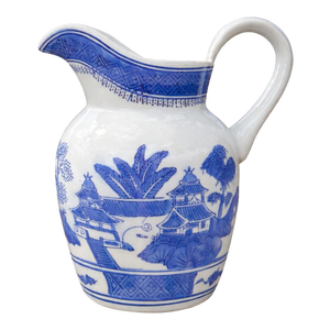 Vintage Chinese Blue & White Canton Style Porcelain Pitcher