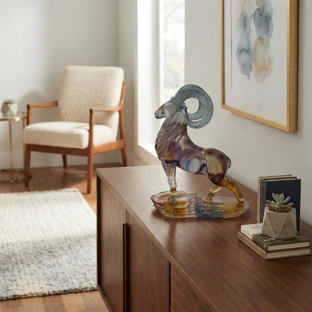 Crystal Glass Ram Standing on Rock Mix Color Art Figure For Sale - Image 4 of 11