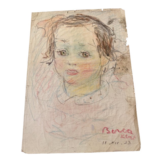 1955 Dimitrie Berea Colored Sketch of a Young Girl - Signed in Kent Dec. 11, 1955 For Sale