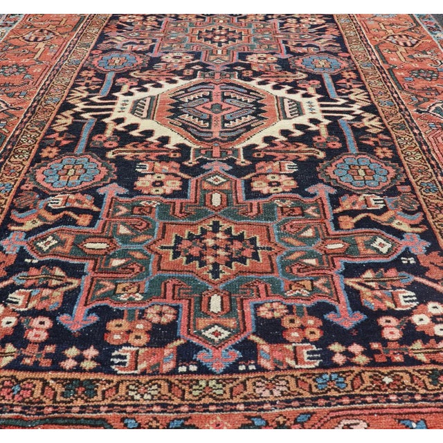Tribal Antique Persian Heriz With Medallion Design in Ivory, Dark Blue & Jewel Tones For Sale - Image 3 of 9