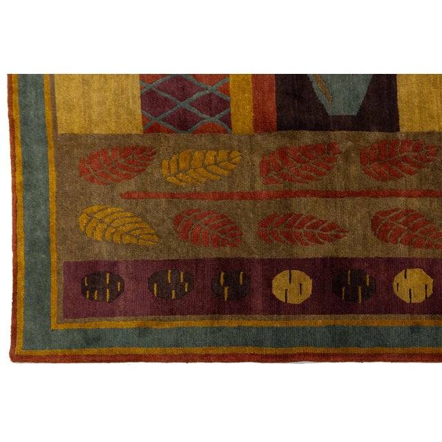 Textile Modern Tibetan Hand-Knotted Wool and Silk Rug With Botanical and Geometric Motif For Sale - Image 7 of 10