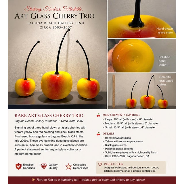 Contemporary Oversized Art Glass Cherry Trio / Laguna Beach Gallery Purchase / Hand Blown Studio Glass For Sale - Image 3 of 11