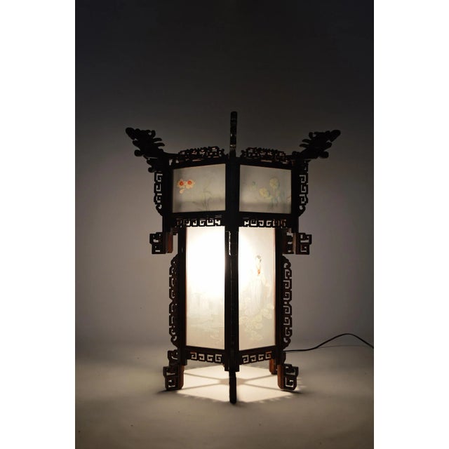 Large Antique Asian Carved Wood Lantern with Dragons & Painted Glass Panels, 1900s For Sale - Image 18 of 18