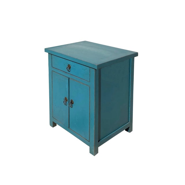 Rustic Distressed Bolection Blue One Drawer Simple End Table Nightstand For Sale - Image 3 of 6