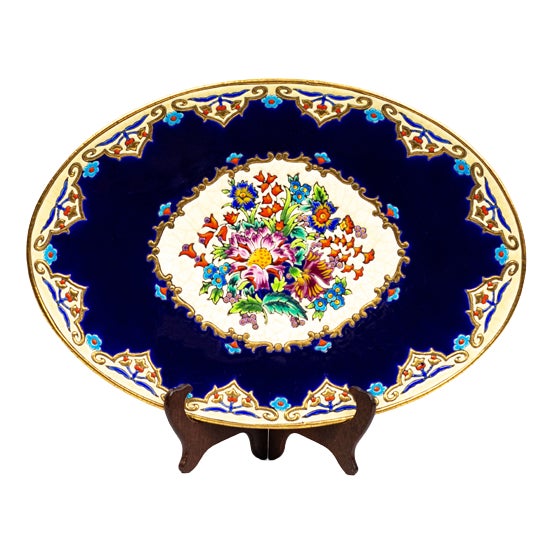 Large Renaissance Oblong Enamel Floral Platter by Maurice-Paul Chevallier for Longwy Manufactory, France, 1960s For Sale