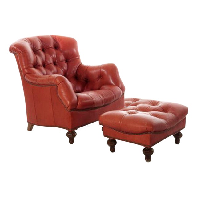 Vintage Thomasville Chesterfield Leather Easy Chair and Ottoman Set For Sale