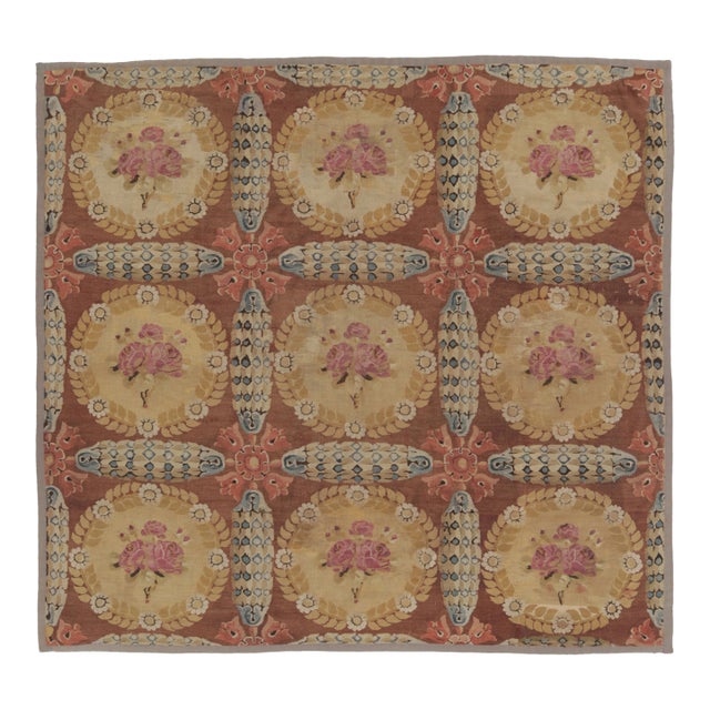 Antique 19th Century Aubusson Square Rug With Bold Floral Medallion - Rug & Kilim For Sale