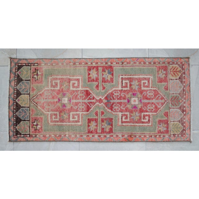 Hand-Knotted Turkish Petite Rug Low Pile Faded Colors DoorMat Yastik Rug - 20'' X 44'' For Sale - Image 12 of 13
