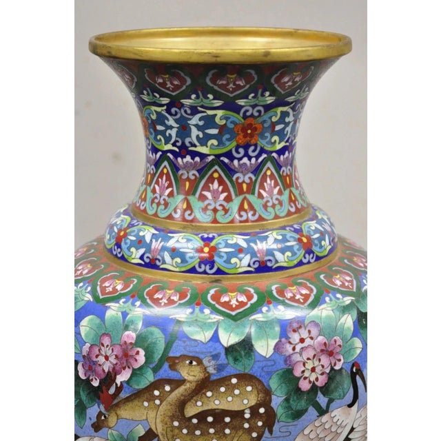 Vintage Chinese Cloisonné Porcelain Enamel Figural Crane and Deer Vase - A Pair For Sale - Image 4 of 11
