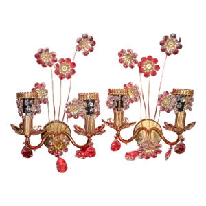 1960's Mid Century Modern 24k Gold Plate W/ Cut Crystal Floral Form Wall Sconces by Palme & Walter "Palwa" a - Pair