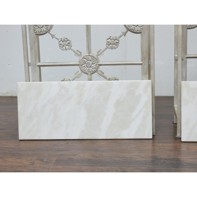 19th Century Pair of French Painted Iron Consoles With Carved Wood Panels and Marble Tops For Sale - Image 10 of 11
