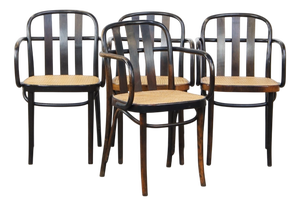 Vintage Wooden Bistro Chairs with Wicker Seats, Set of 4