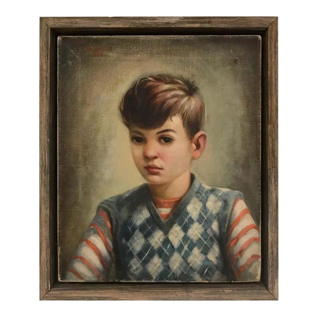 Portrait of Boy in Blue Argyle Sweater Oil Painting by Robert Rukavina For Sale