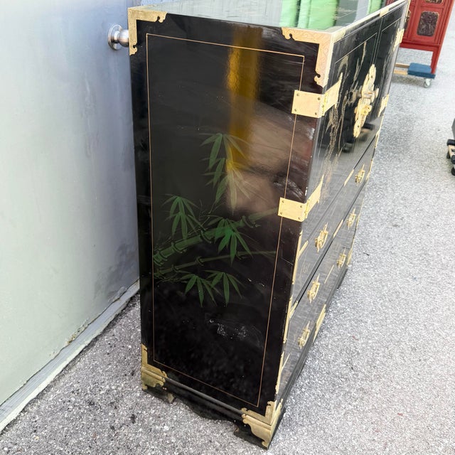 Black Chinese Black and Gold and Hand Painted Armoire/Chest of Drawers For Sale - Image 8 of 9