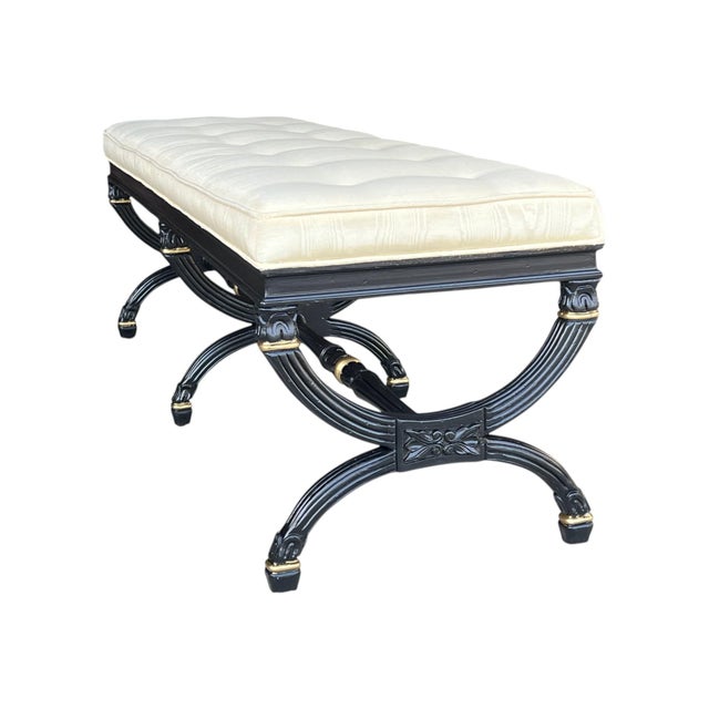 1970s Elegant Ebonized X-Base Bench With Tufted Oyster Upholstery & Gold Accents For Sale In Los Angeles - Image 6 of 17