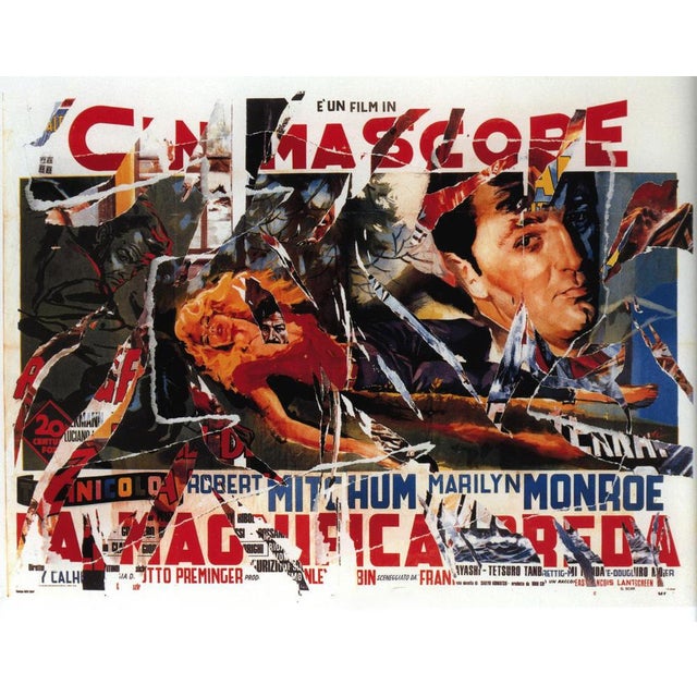 Mimmo rotella river of no return silkscreen and collage signed lower right by the artist and marked p.a. Lower left seal...