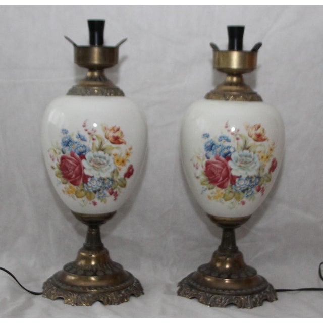 Opaline Frosted Glass Lampshade with Floral Decor Lamps, 1950s, Set of 2 For Sale - Image 13 of 18