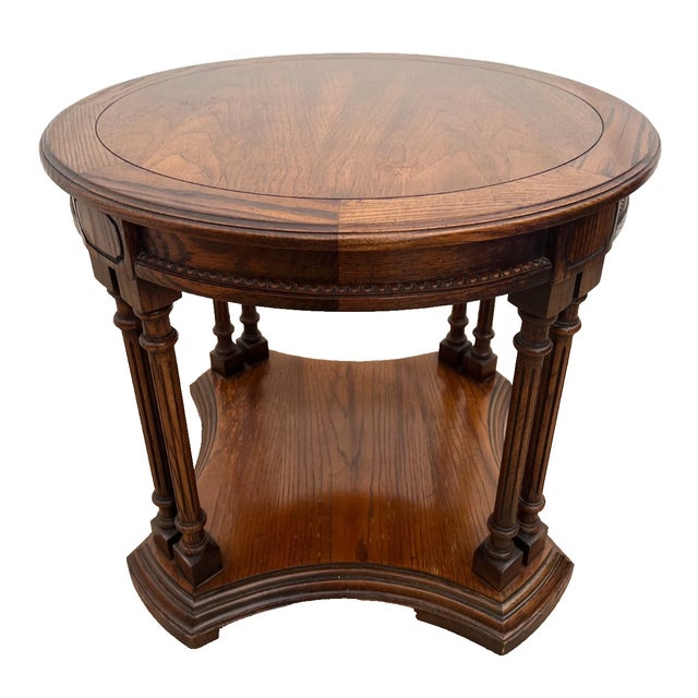 Wood Vintage Round Side Table With Bottom Shelf Double Column Legs Solid Oak For Sale - Image 7 of 12