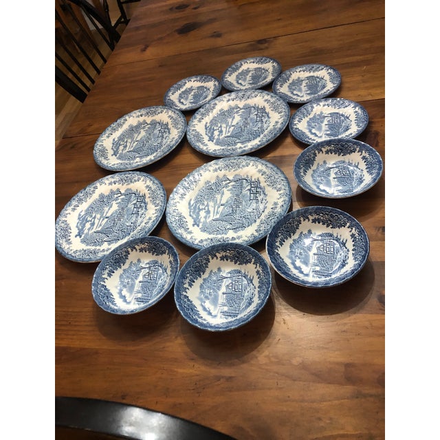 1990s Churchill China “The Brook Blue” Dinnerware Set of 12 Chairish