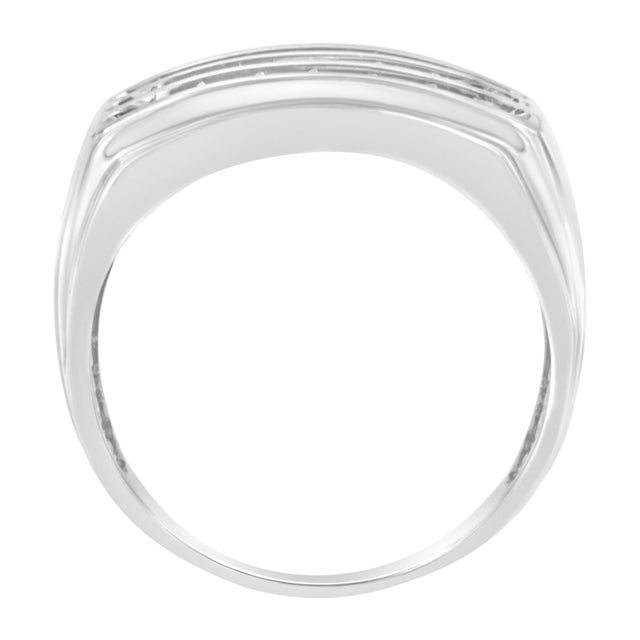 A 14 karat white gold diamond men's band that is accented with three rows of round channel set diamonds. It has a total...
