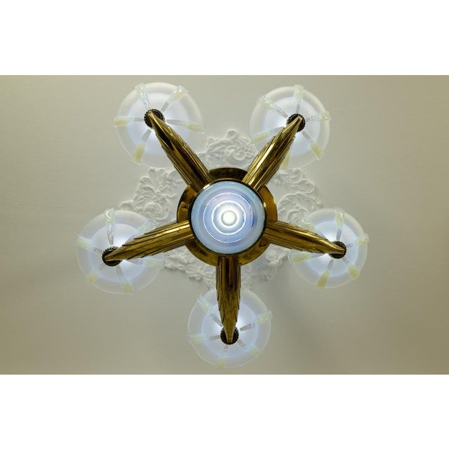 Art Deco Bronze and Opalescent Glass Six-Light Chandelier attributed to Ezan, France For Sale - Image 6 of 18