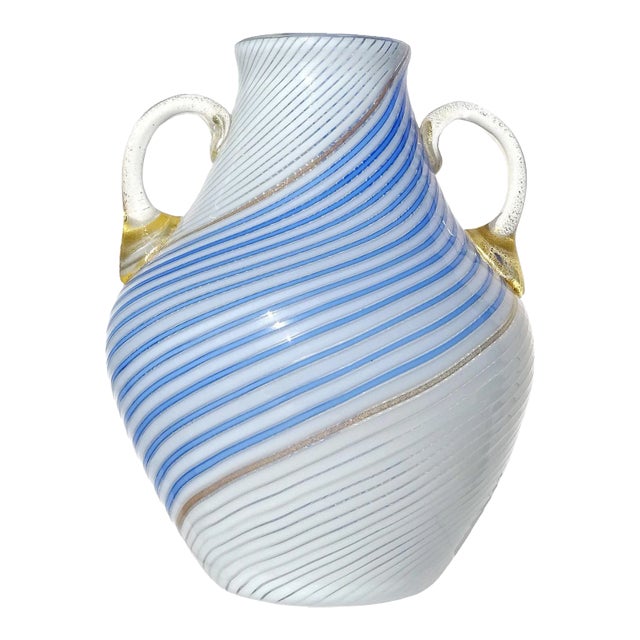 Murano Dino Martens 50s White Blue Ribbons Gold Flecks Vintage Italian Art Glass Flower Vase For Sale