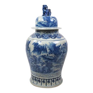 Large Chinese Blue & White Porcelain Ginger Jar With Foo Dog Lid For Sale