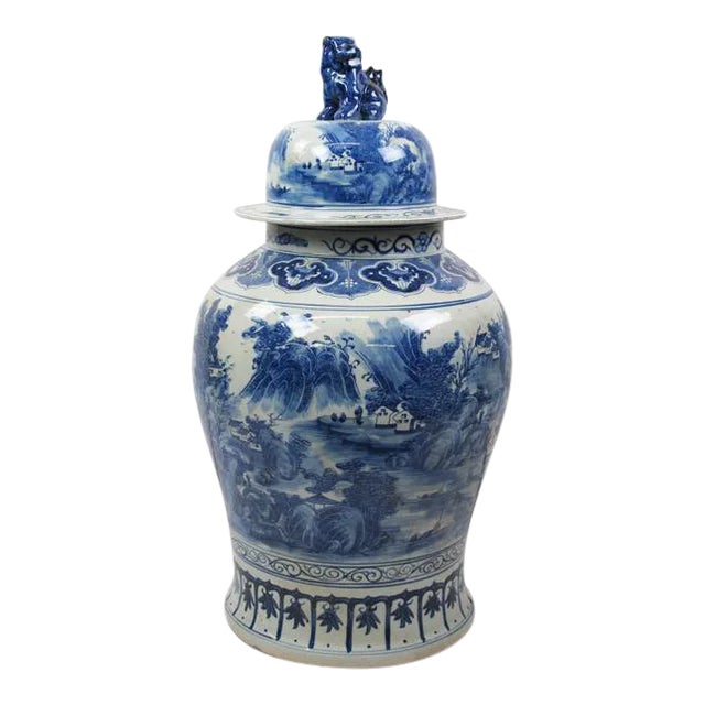 Large Chinese Blue & White Porcelain Ginger Jar With Foo Dog Lid For Sale