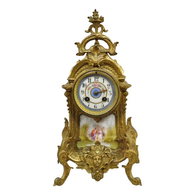 Early 20th Century S. Marti Medaille De Bronze Gold French Victorian Porcelain Figural Shelf Clock For Sale
