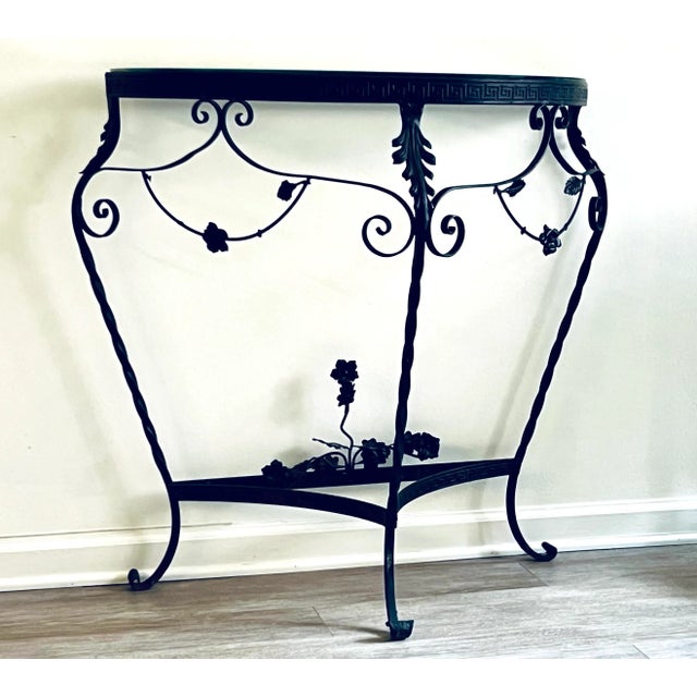 Italian Antique C1920s Italian Wrought Iron Console Demilune Table With Glass Top For Sale - Image 3 of 10