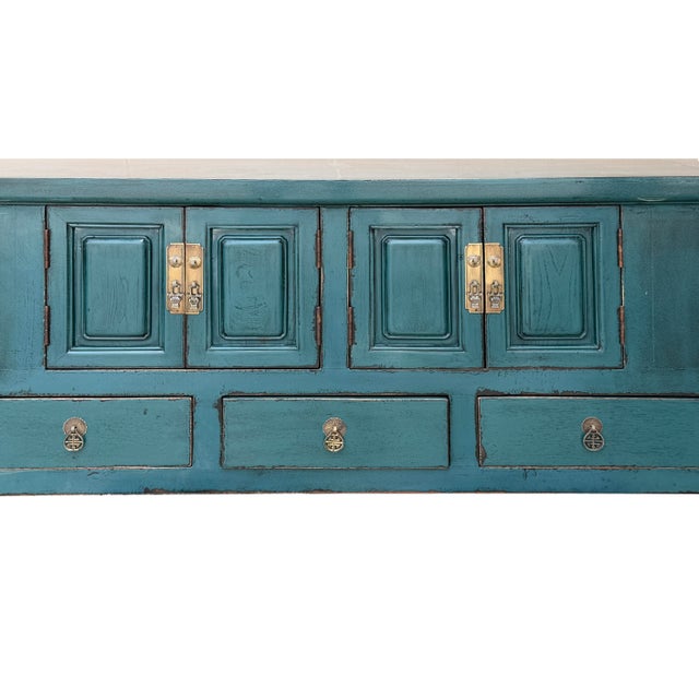 Asian Style Distressed Rustic Teal Blue Low Tv Console Table Cabinet For Sale - Image 14 of 16