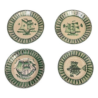 Vietri Plates in Green with Fish and Caravels from Avallone Ceramics Factory, 1930s, Set of 4 For Sale