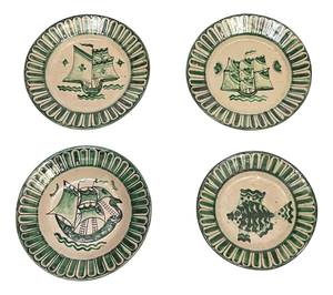 Vietri Plates in Green with Fish and Caravels from Avallone Ceramics Factory, 1930s, Set of 4