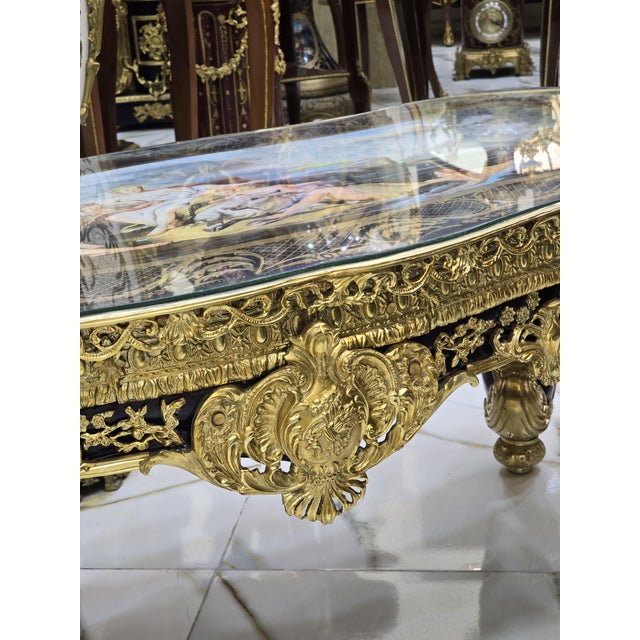 French Rococo Coffee Table With Hand-Painted Artwork Under Glass & Gilded Bronze Details For Sale - Image 11 of 11